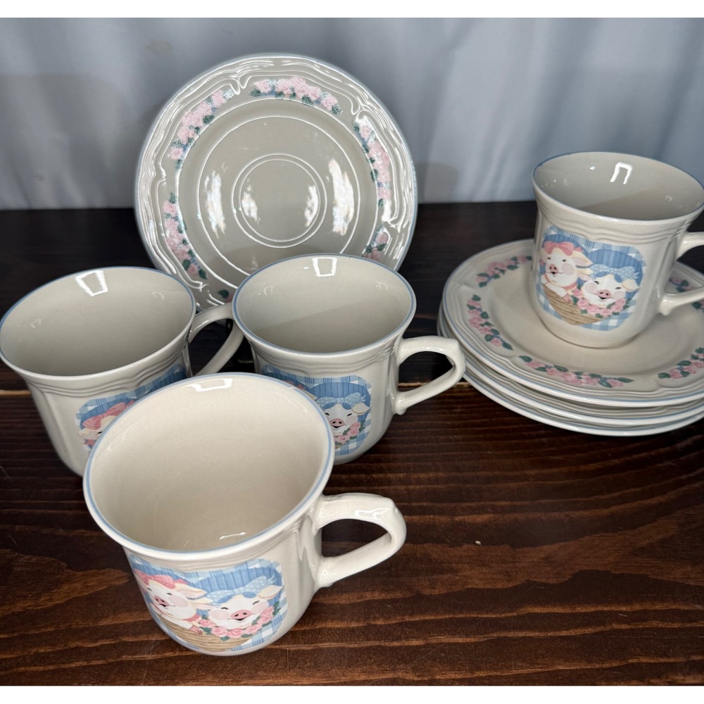 VTG Tienshan Stoneware‎ Pig Pal Tea Set 4 Mugs 4 Saucers Country Farmhouse